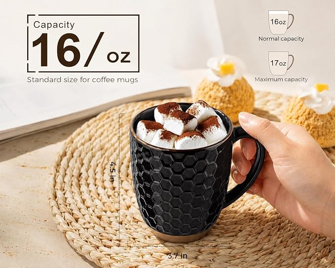 GBhome Large Coffee Mugs Set of 4, 16oz Handmade Embossed Coffee Mugs Set with Large Handle for Cappuccino/Latte/Tea/Hot Cocoa, Dishwasher & Microwave Safe, Black