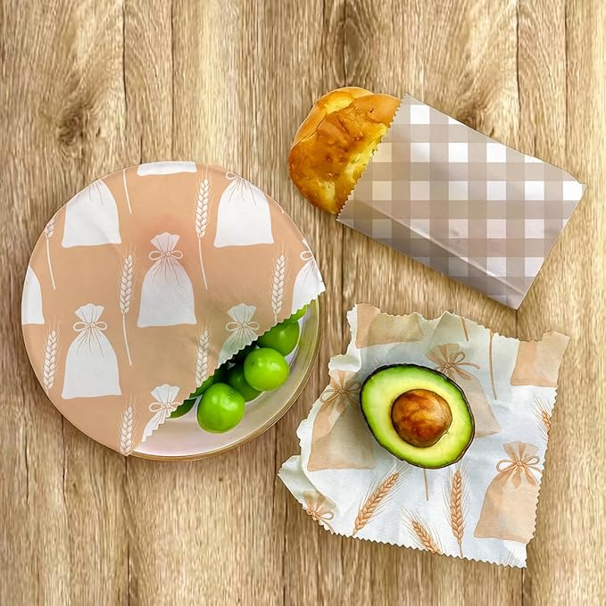 Reusable Beeswax Wrap, 9 Pack Sheets for Bread, Fruit, Bowl, Organic, Sustainable, Zero Waste, Plastic-Free Food Storage, 1XL, 3M, 5S, Flour Sack and Gingham Pattern