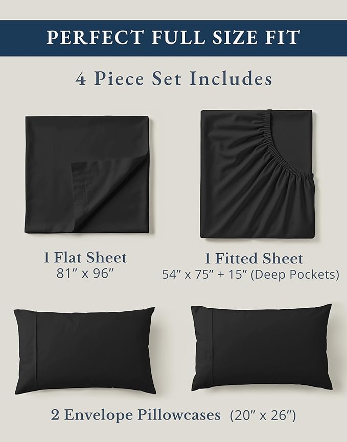 LANE LINEN Full Sheet Set 100% Organic Cotton Soft 4pc Percale - Black | Full Sheets In 100% Organic Cotton Percale - All-Season Comfort, For Guest Bedrooms, Naturally Cooling & Lightweight