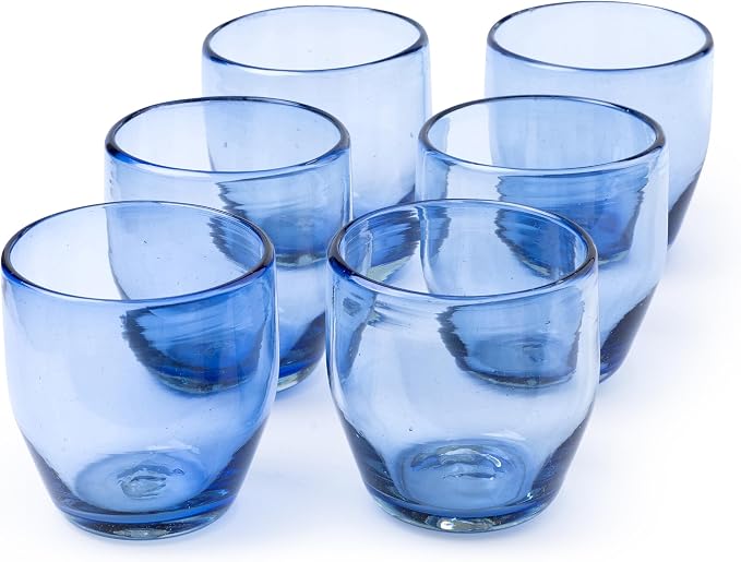 9 oz Hand Blown Mexican Drinking Glasses - Set of 6, 9 fl oz each, Light Cobalt