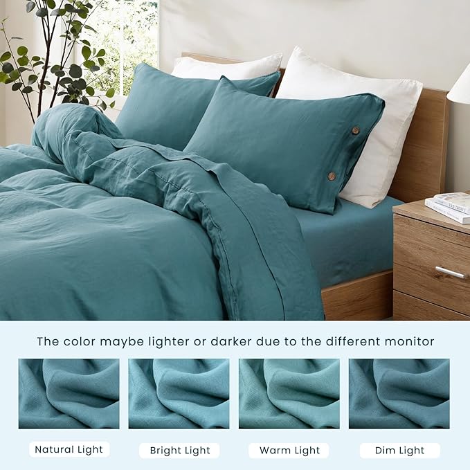 S VICTORY SYMBOL 100% Pure Linen Duvet Cover Set 3pcs,Natural French Washed Flax Solid Color Breathable(1 Duvet Cover and 2 Pillowcases) with Coconut Buttons Closure(Full,Mineral Blue)