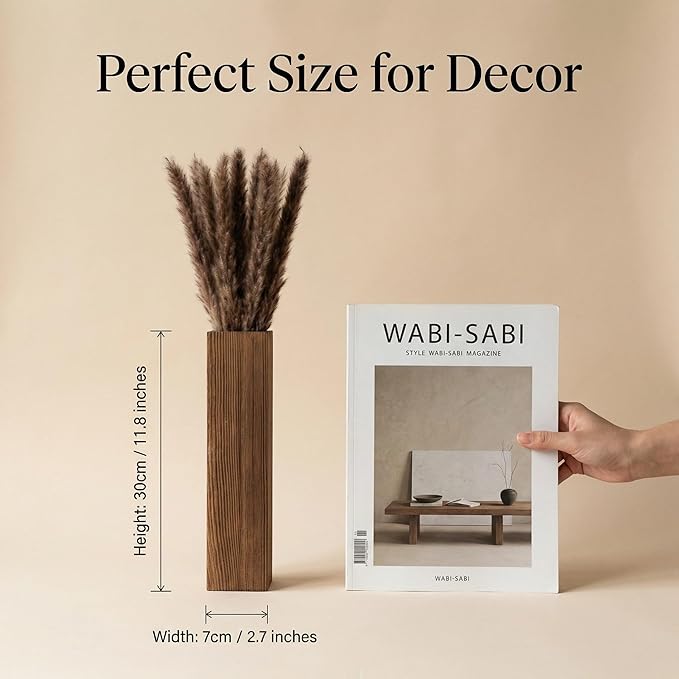 4-Piece Wooden Hanging Wall Vase Set with Pampas Grass and Eucalyptus Dried Flowers, Modern Farmhouse Home Decor for Living Room Entryway Bathroom Hallway Dining Room（Walnut）