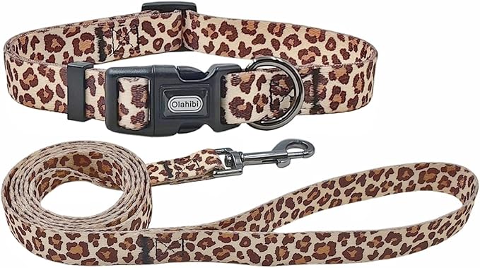 Dog Collar Leash Set, Leopard Pattern, Polyester Material, Adjustable Collar and 5ft Matching Leash, for Medium Dogs.(M, Light Coffee Leopard)