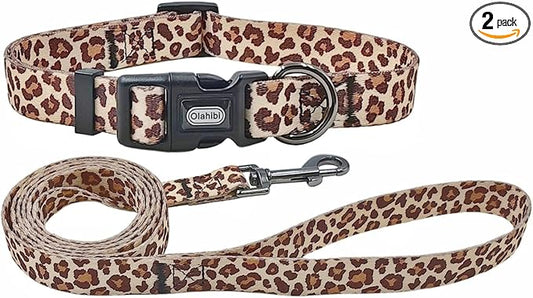 Dog Collar Leash Set, Leopard Pattern, Polyester Material, Adjustable Collar and 5ft Matching Leash, for Small Dogs.(S, Light Coffee Leopard)
