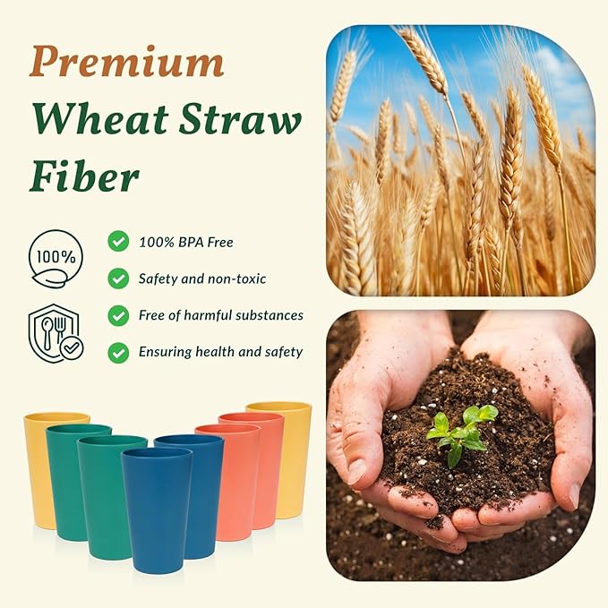 Homienly Reusable Plastic Cups - Wheat Straw Unbreakable Drinking Glasses & Water Glasses | Multi-Color Stackable Plastic Cups, Dishwasher Safe | Glassware & Cup Sets for Kitchen (20 oz 8-Pack)