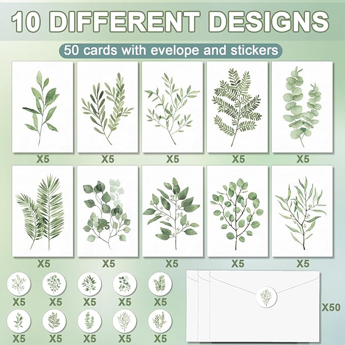50PCS Greenery Blank Cards and Envelopes Bulk 4x6 Inch Watercolor Botanical Greeting Cards With Envelopes Stickers Green Leaves Plants Thank You Note Card For Birthday Baby Bridal Shower Wedding