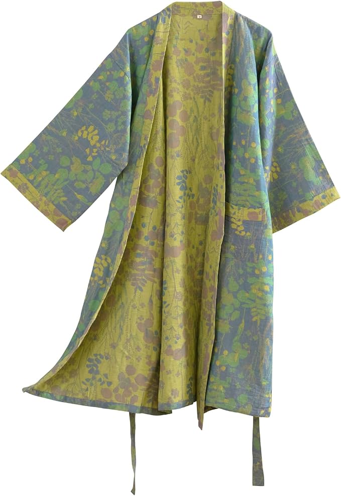 100% Cotton Gauze Ginkgo Leaf Kimono Robe, Long Knit Loose Bathrobe Nightgown Ladies Loungewear Sleepwear for Women