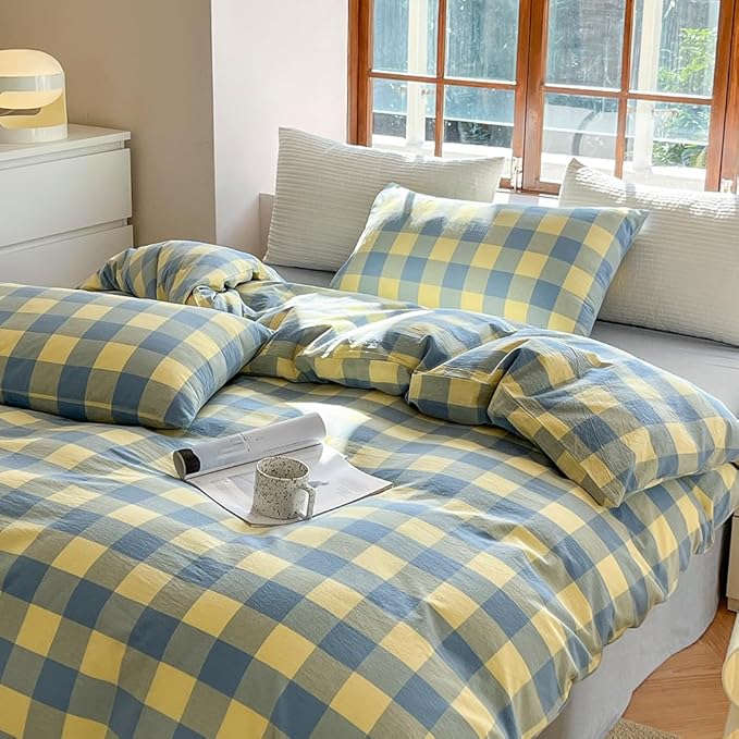 FACE TWO FACE Bedding Duvet Cover Set100% Washed Cotton Duvet Cover Linen Like Textured Breathable Durable Soft Comfy (Queen, Blue Yellow Grid)