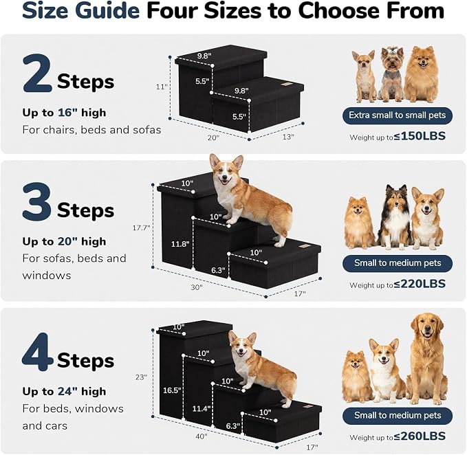 3-Step Wide Dog Stairs with Storage 18" H, Non-Slip Sturdy Pet Steps for High Bed Couch Window, Pet Stairs for Small/Medium/Large Old Dogs Cats Up to 200lbs, Cat Dog Steps for Car/SUV, Black