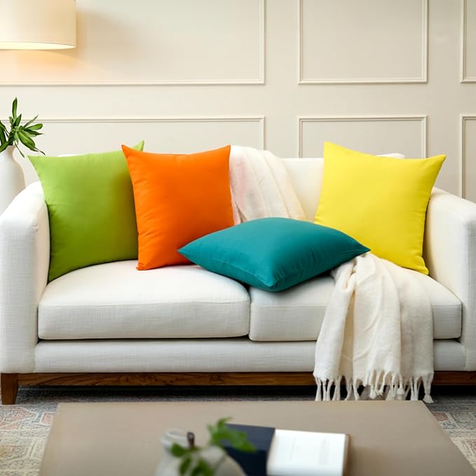Encasa XO Throw Pillow Covers 18x18 in Set of 4 Bright Combo | No Inserts | Cotton Pillow Covers for Living Room, Bed, Sofa, Couch | Decorative Cushion Covers with Improved Zipper