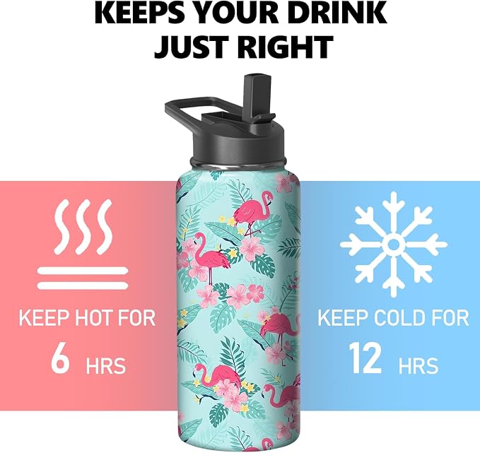 32oz Flamingo Water Bottle with Handle and Flip Straw, Animal Sports Stainless Steel Insulated Cup Travel Coffee Mug Tumbler, Birthday Mothers Day Chritmas Gifts for Women