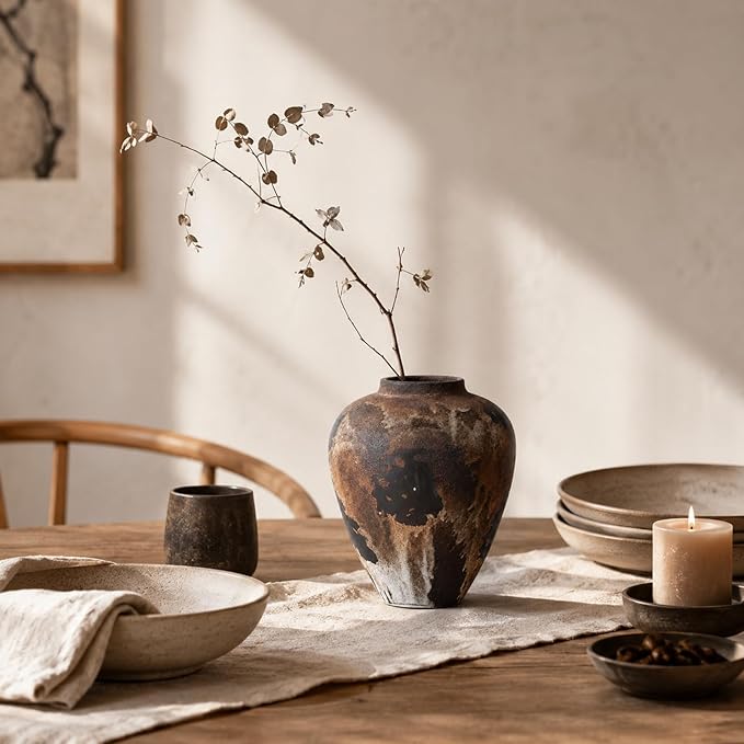 Wabi Sabi Vase 8.6in, Brown Ceramic Vase with Waterproof Coating, Rustic Ceramic Vase for Table Centerpiece, Entryway Shelf Decor, Rustic Farmhouse Pottery Vase