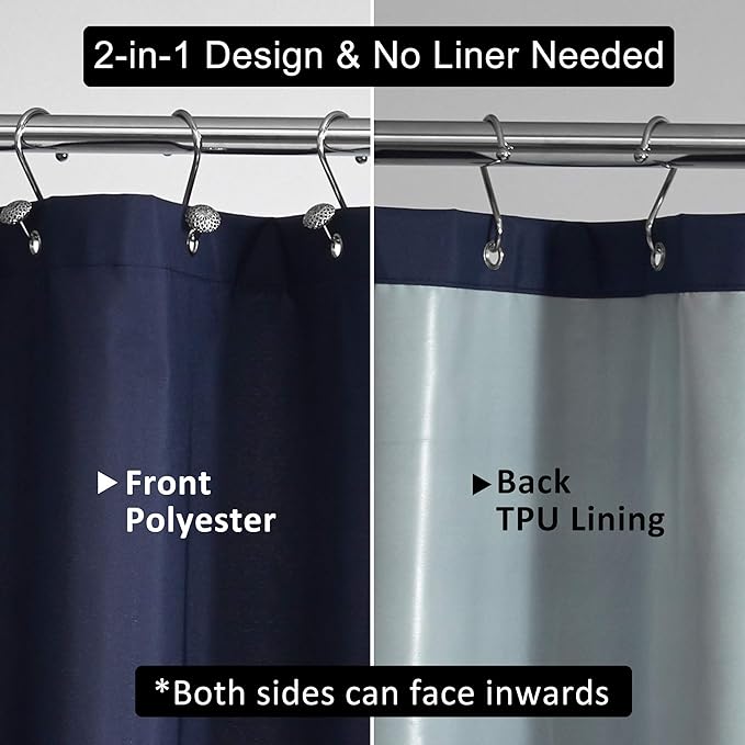 N&Y HOME Ultimate Waterproof Fabric Shower Curtain or Liner with Weighted Magnets, Navy Blue Shower Curtains for Bathroom, TPU Lining & Machine Washable for Hotel, Navy, 72"x72"