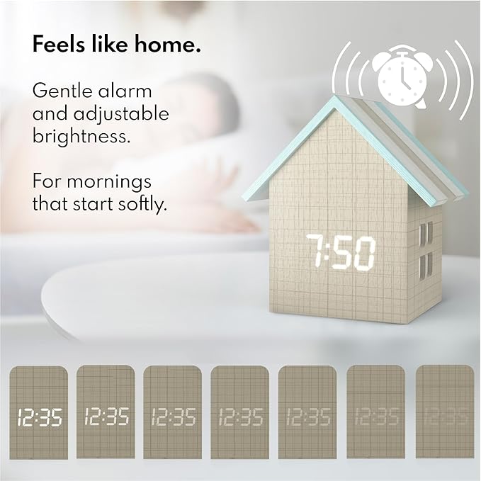 Driini Digital House Shaped Alarm Clock with Temperature Display (Stripe Wood) – Modern Aesthetic - Cute Cube Frame and White LED Dimmer - Perfect Large Desk Clock for Bedside Table or Bedroom Mantle