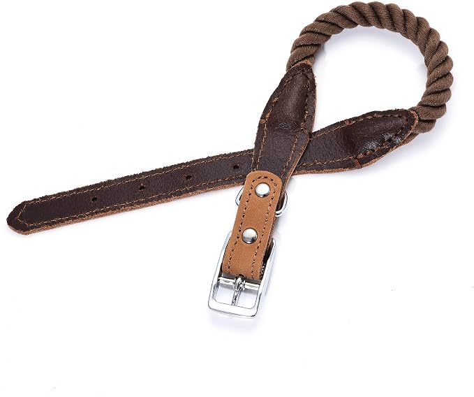 Mile High Life Genuine Leather Dog Collar, Durable Braided Cotton Rope Collar with Metal Pin Buckle for Small Medium Large Dogs (Dark Brown, S Neck 11"-15")