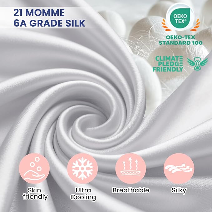 Ravmix 100% Silk Pillow Case with Zipper, 21momme Mulberry Silk Pillowcase for Hair Skin Health, Soft Smooth Breathable Cool Pillow Cover for Beauty Sleep 1PC(Queen 20×30inches, Pure White)
