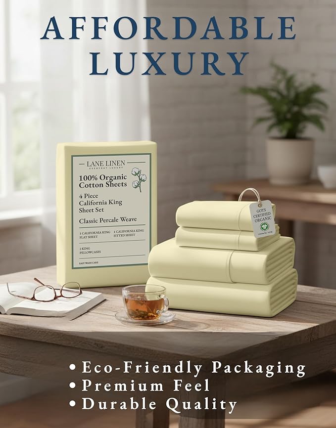 LANE LINEN 100% Organic Cotton California King Sheets Set, 4-Piece Soft & Comfy Luxury Hotel Style Percale Weave Best Bedding Sheets for Bed, Breathable, Fits Mattress Upto 15" Deep - Vanilla