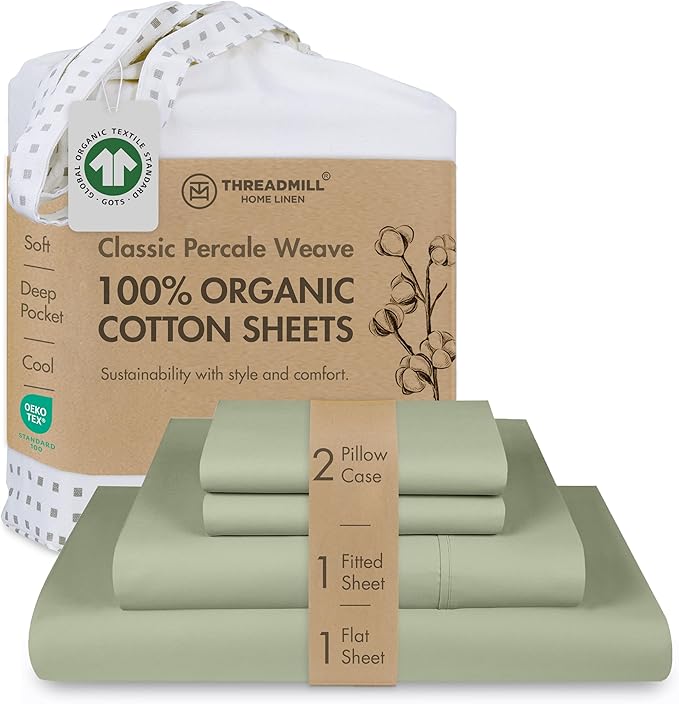 Threadmill Premium Organic Cotton Sheets - GOTS Certified - California King, 4 Piece, Sage Green - Healthy Bedding for All Types of Skin - Soft and Cool Bedset with Snug Fit for 16" Deep Pocket