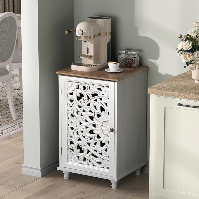 JOINICE Accent Cabinet with Hand-Carved Door for Living Room/Bedroom | Hand-Carved Floral Design, Boho/Farmhouse/Rustic Style, Space-Saving, Sofa Table/End table, Solid Wood Legs, Adjustable Shelf