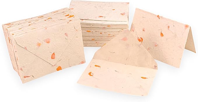 Kathmandu Valley Co. 50 Vintage 4x6 Handmade Lokta Paper Nepali Cherish Greeting Cards & Matching Decorative Flower Petal Envelopes. Folded blank cards. Handmade In Nepal. (Marigold)