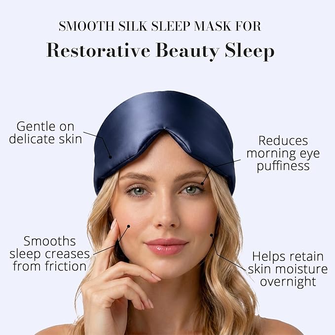 22 Momme Pure Mulberry Silk Sleep Mask, 3D Contoured Cup Eye Mask for Sleeping, Super Soft Breathable Blindfold with Adjustable Strap, Perfect Blocks Light for All Night Sleep, Blue