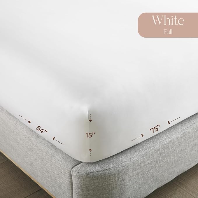 Organic Full Fitted Sheet Only Deep Pocket - 100% Organic Cotton Sheets with Breathable 300 Thread Count Sateen Weave GOTS & Fairtrade Certified - Soft Fitted Bed Sheets Only (White, Full)
