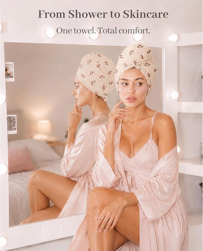 ROLSHOL Cotton Hair Towel Wrap for Women, 2 Pack 100% Cotton Hair Drying Towels for Long, Thick & Curly Hair, 32" x 11" Large Hair Turban for Wet Hair with Elastic Band (Pink)