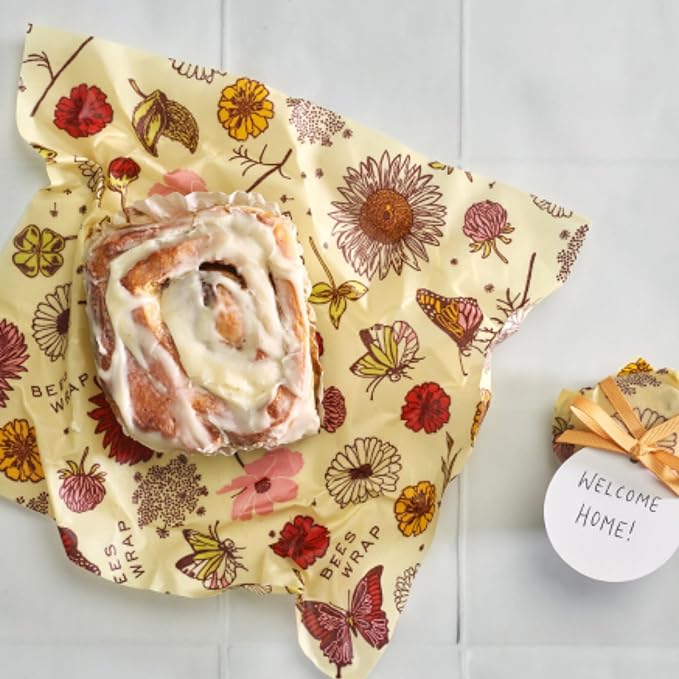 Bee's Wrap Beeswax Wraps for Food - 3 Pack of Medium Beeswax Wraps - Plastic Free Made in USA Reusable Natural Food Wrap - Meadow Magic Print