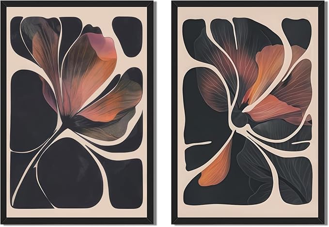 Abstract Floral Wall Art Prints Set of 2 Modern Mid Century Botanical Canvas Painting Posters Black Orange Flower Picture Wall Decor Aesthetic for Bedroom Home Decor 12x18inch Wooden Framed