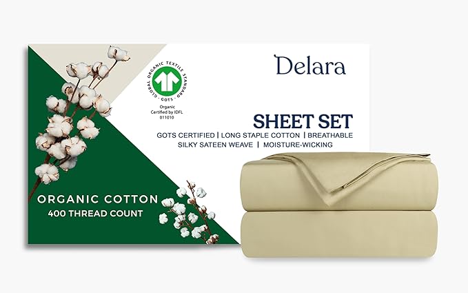 GOTS Certified 100% Organic Cotton Sheets, 400TC Long Staple Cotton, Ultra Soft, Silky, Moisture-Wicking, Smooth & Breathable, with Elasticized Deep Pocket