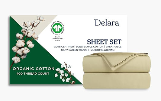 GOTS Certified 100% Organic Cotton Sheets, 400TC Long Staple Cotton, Ultra Soft, Silky, Moisture-Wicking, Smooth & Breathable, with Elasticized Deep Pocket