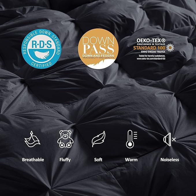 Luxurious Palatial King/Super King Goose Down Comforter, 120 X 90 inches, Unique Black Pinch Pleat, 600 Thread Count, 100% Egyptian Cotton Cover, 85 Oz Fill Weight, 750 Fill Power