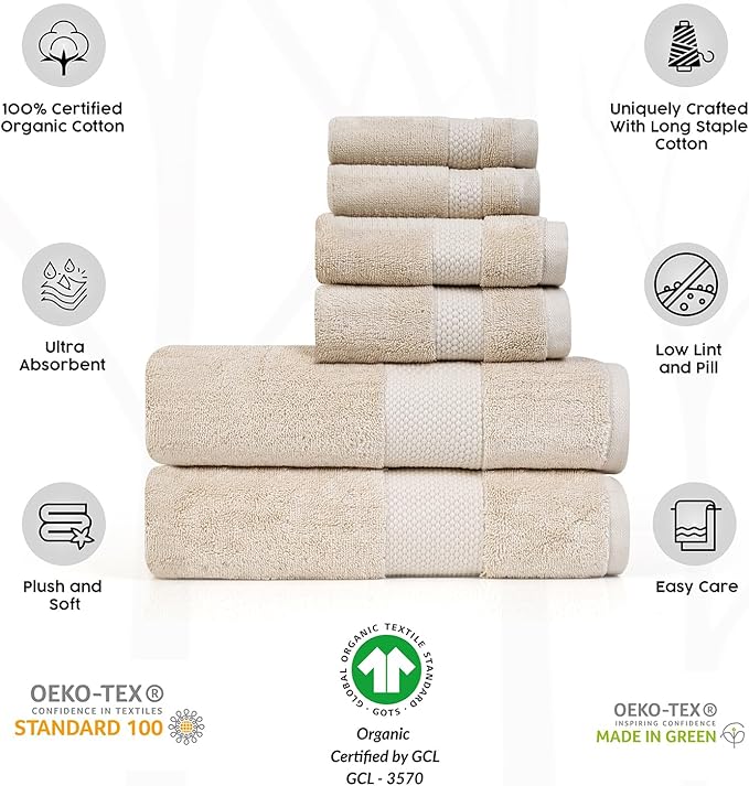 Farm to Home 100% Organic Bath Towel Set of 6 – GOTS & Oeko-TEX Certified Organic Cotton, Soft, Ultra Absorbent, Quick Dry - Includes 2 Bath Towels, 2 Hand Towels, 2 Washcloths - Sand
