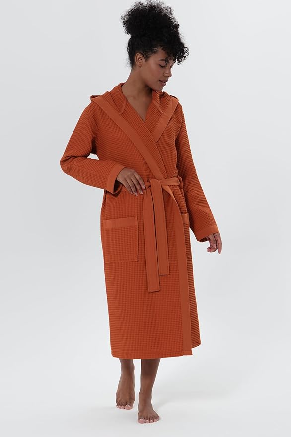 SEYANTE Women's Organic Cotton Waffle Kimono, Hooded Robe – GOTS Certified Lightweight Full-Length Spa Bathrobe with Piping