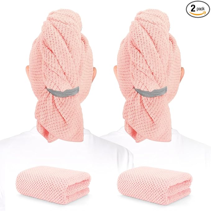 2 Pack Microfiber Hair Towel - 41 x 24 inches Super Soft, Absorbent, Fast Drying Without Frizz Hair Towel Wrap for Women Long, Thick, Curly Hair - Hair Turbans with Elastic Strap