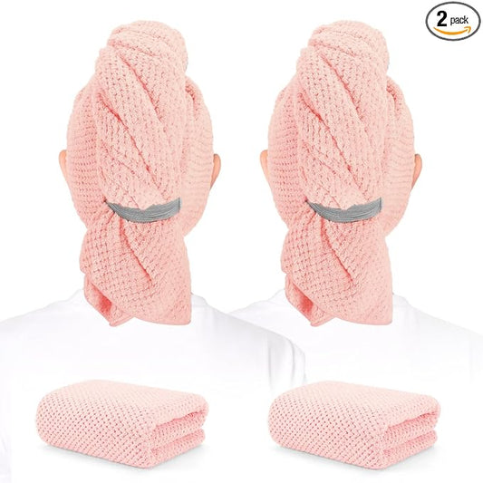 2 Pack Microfiber Hair Towel - 41 x 24 inches Super Soft, Absorbent, Fast Drying Without Frizz Hair Towel Wrap for Women Long, Thick, Curly Hair - Hair Turbans with Elastic Strap