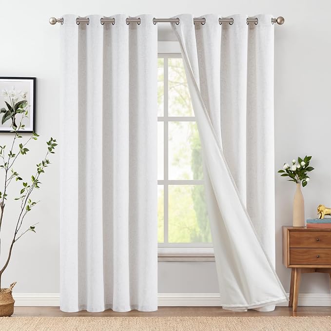 jinchan Linen Curtains for Bedroom Non See Through Lined Curtains 84 Inches Long Living Room Darkening Curtain Panels White Privacy Partition Bathroom Drapes Farmhouse Grommet Drapes 50 Wide 2 Panels