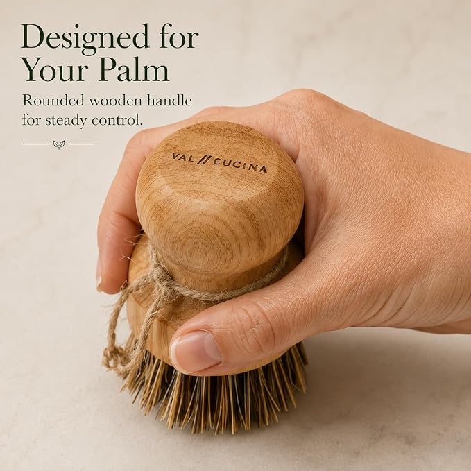 VAL CUCINA Natural Bamboo Dish Brush 2 PCS - Eco-Friendly Wooden Scrub Brush for Dishes, Pots, Pans and Cast Iron Skillet - Plant-Based Sisal & Coconut Bristles Kitchen Sink Scrubber