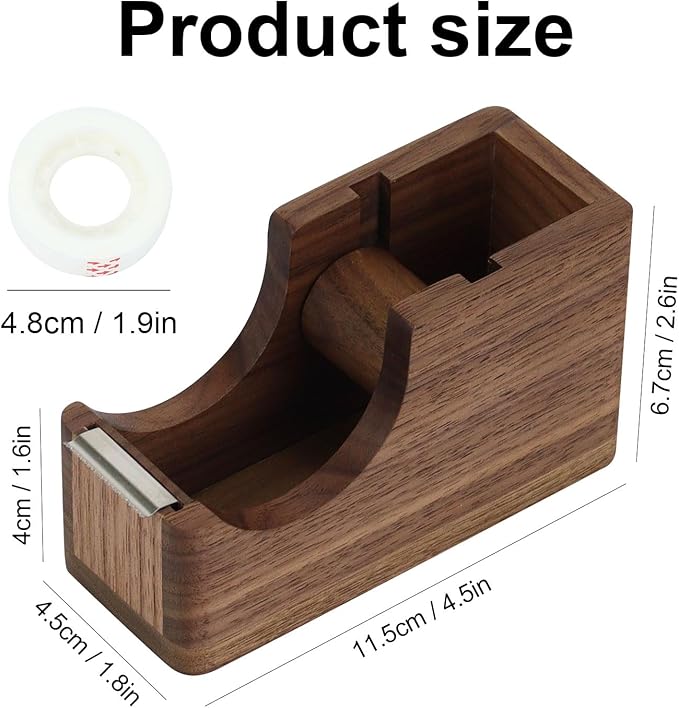 Buqoo Walnut Wood Tape Dispenser with Built-in Pen Holder – All-in-One Desk Organizer for Office/Home School