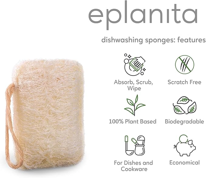 eplanita Natural Dishwashing Sponges (Pack of 6), Kitchen Eco Scrub Scourer, Natural Loofah Plant, Biodegradable and Zero Waste