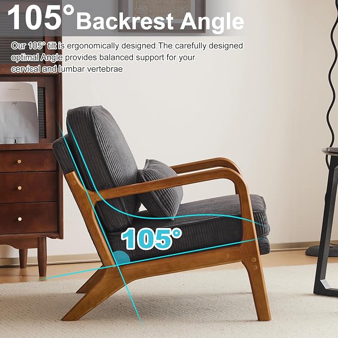 Karl home Mid-Century Modern Accent Reading Chair, Dark Grey | Corduroy Upholstered, Solid Wood Frame, Soft Cushion, Lumbar Pillow, Lounge Armchair for Living Room, Bedroom, Balcony, Study