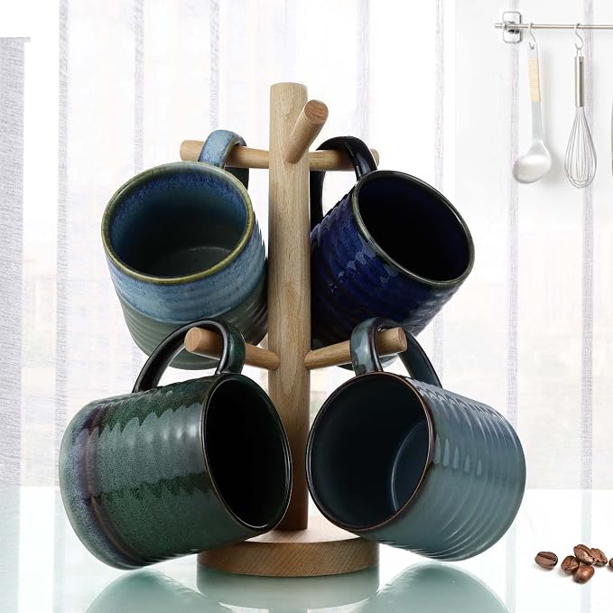 18 Oz Large Ceramic Coffee Mug, 500ml Big Handmade Pottery Tea Cup for Office and Home, Big Handle Easy to Hold, Microwave and Dishwasher Safe, Stylish Texture Glaze (Ink Green)