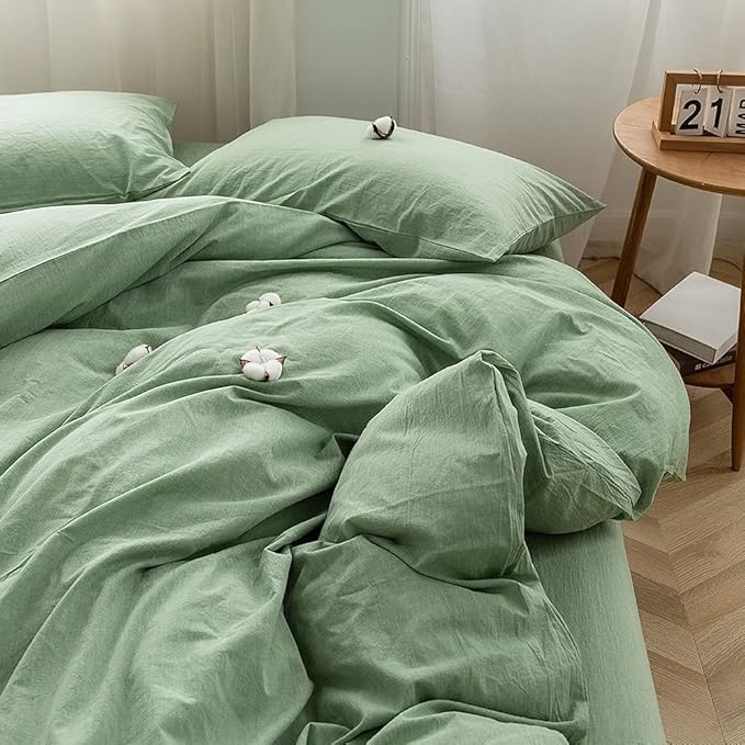 FACE TWO FACE Bedding Duvet Cover Set100% Washed Cotton Duvet Cover Linen Like Textured Breathable Durable Soft Comfy (California King, Green)
