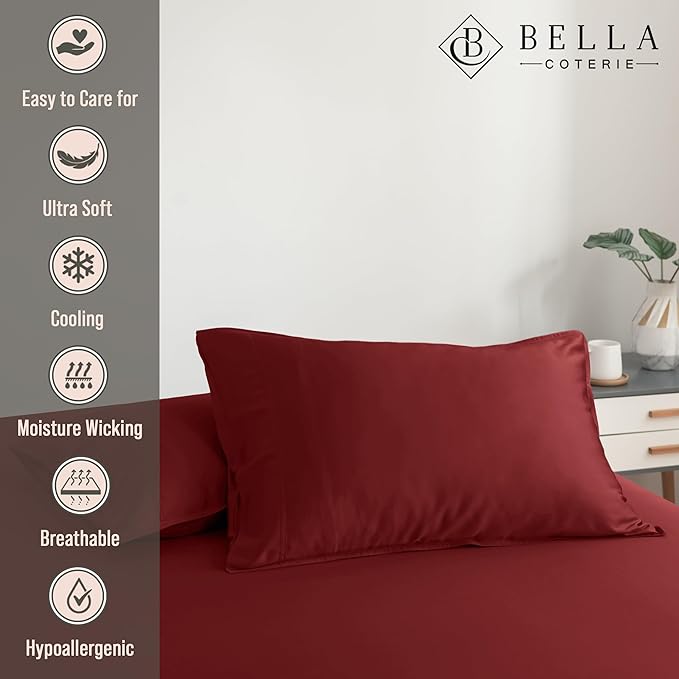 Bella Coterie | Luxury Queen Size Pillowcase Set | 100% Organically Grown Bamboo Viscose | Ultra Soft | Cooling | 2 Pcs [Merlot]