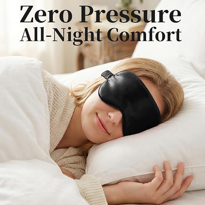 ZLYC 100% Mulberry Silk Sleep Mask Pressure-Free Eye Cover Soft Light Blocking Blindfold for Travel & Nap, Solid Black