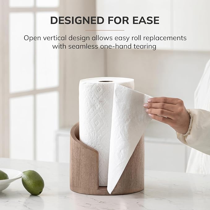 Anji Mountain Wooden Paper Towel Holder with Iron Holder, Holder Stand for Kitchen Roll Organizer & Kitchen Dining Table Home Décor, Countertop Fits Jumbo & Mega Rolls - Biscotti/Nickel, Classic