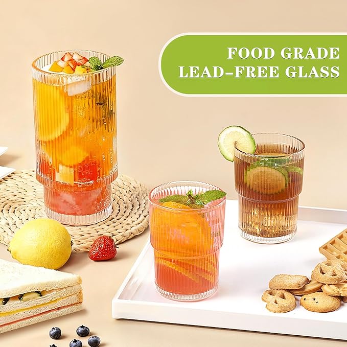 Ribbed Drinking Glasses Set of 8, Stackable Cute Kitchen Glasses Cups 16oz and 7oz Iced Coffee Glasses cocktail Glass cup for Water, Beverage, Whiskey