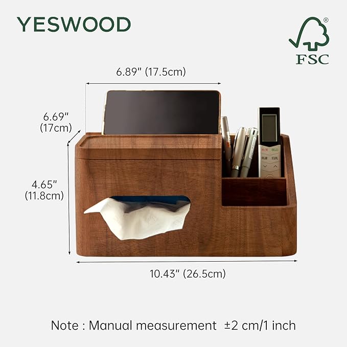 YESWOOD Walnut Tissue Box Cover - Multifunctional Tissue Box Holder with Storage Tray, Minimalist Rectangle Tissue Box Cover for Living Room, Bedroom, Bathroom, Office.