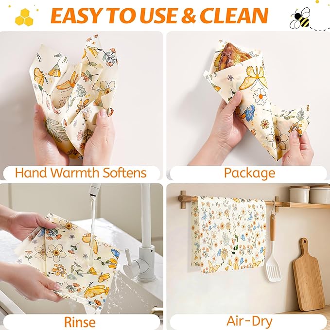 Beeswax Wraps for Food – Reusable Beeswax Bread Bag & Sandwich Wrap, Organic & Eco-Friendly & Sustainable Bees Paper, Perfect Alternative to Aluminum Foil Sourdough Storage & Plastic Wrap（Flower）