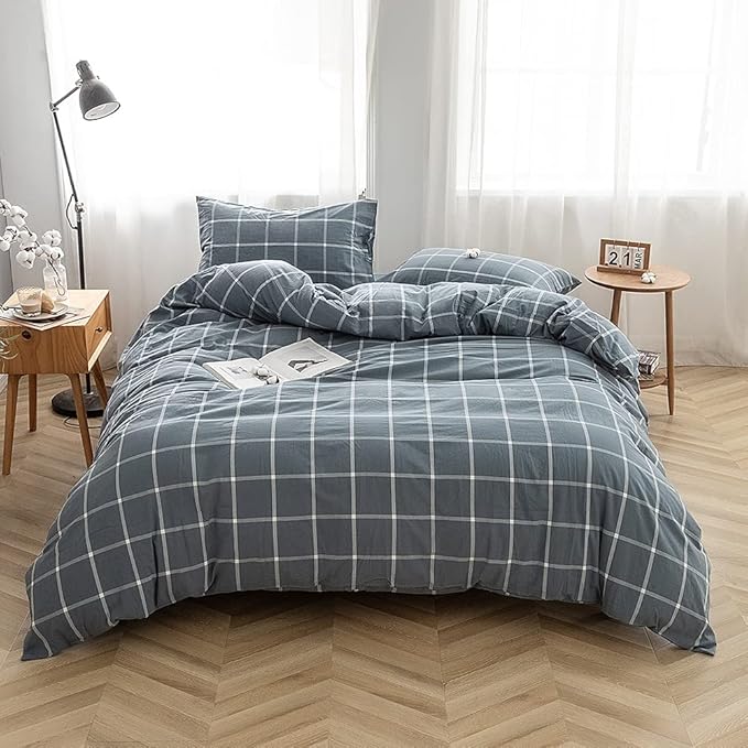 FACE TWO FACE Bedding Duvet Cover Set100% Washed Cotton Duvet Cover Linen Like Textured Breathable Durable Soft Comfy (Queen, Grey Green Grid)